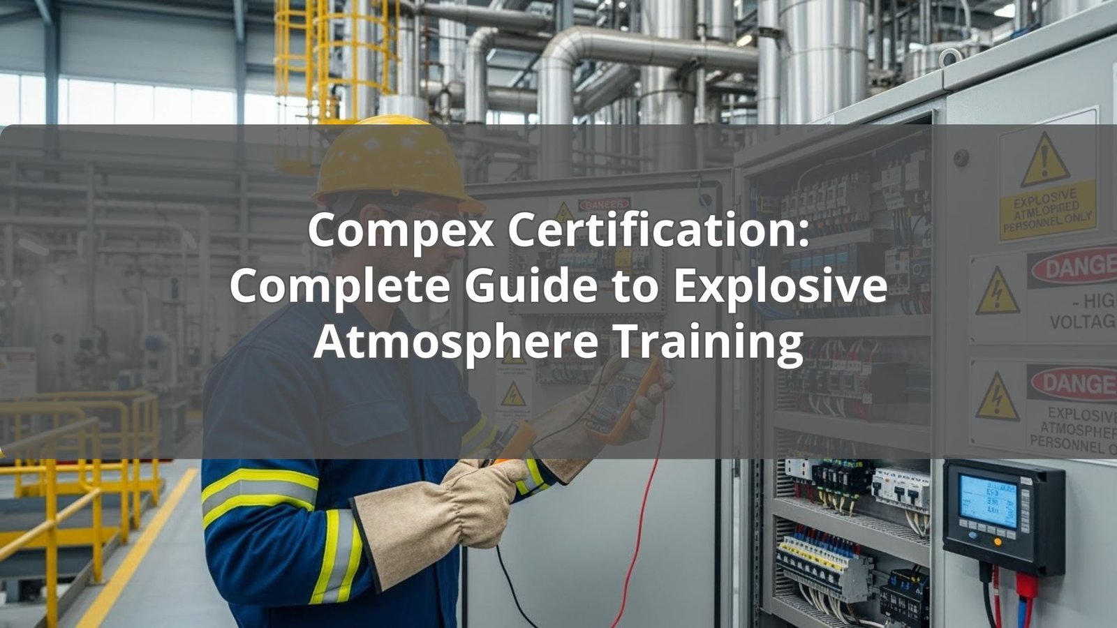 Compex certified electrical professional inspecting hazardous area equipment in industrial facility