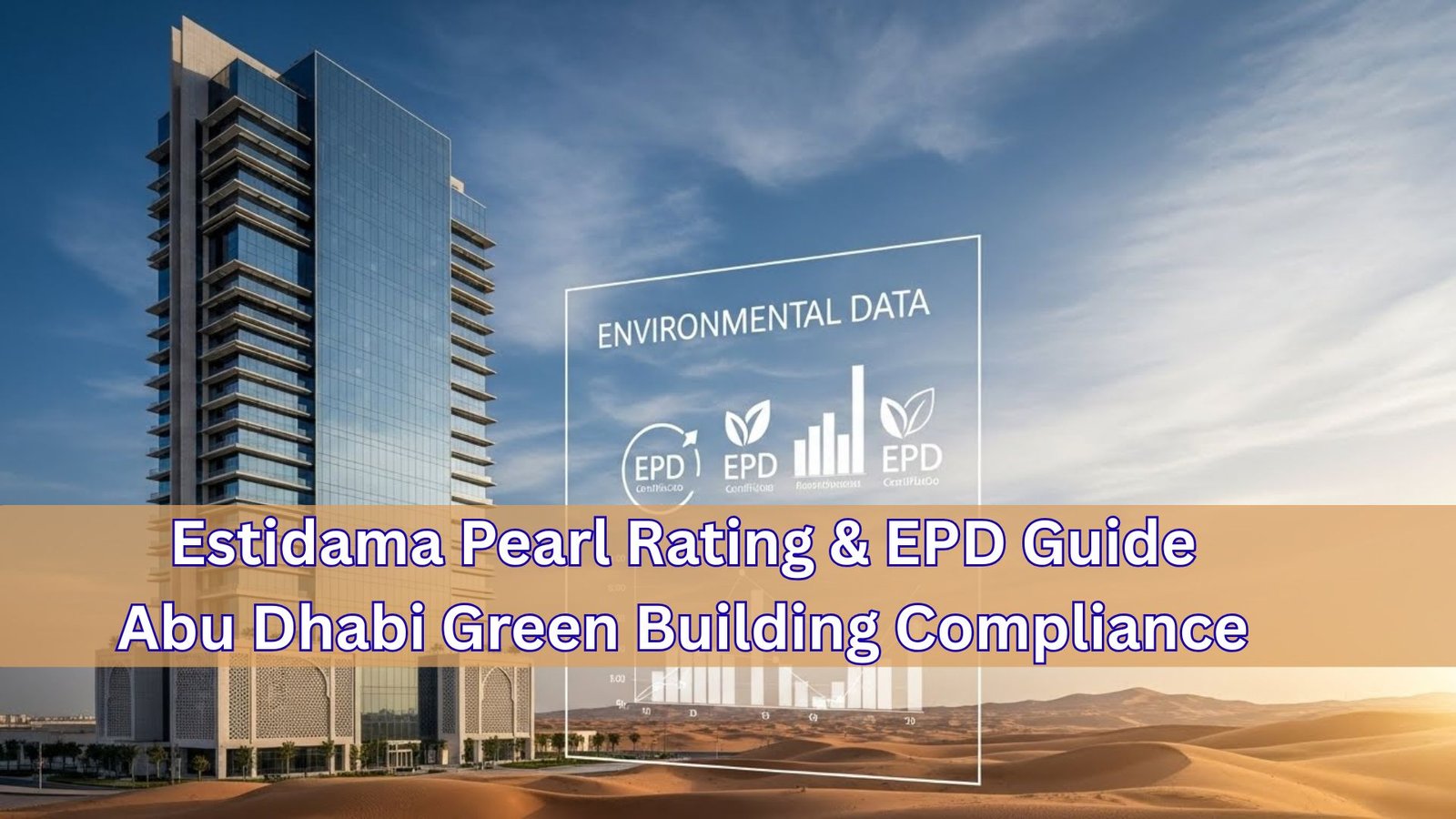 Sustainable building in Abu Dhabi showcasing Estidama Pearl Rating with EPD environmental certification data overlay