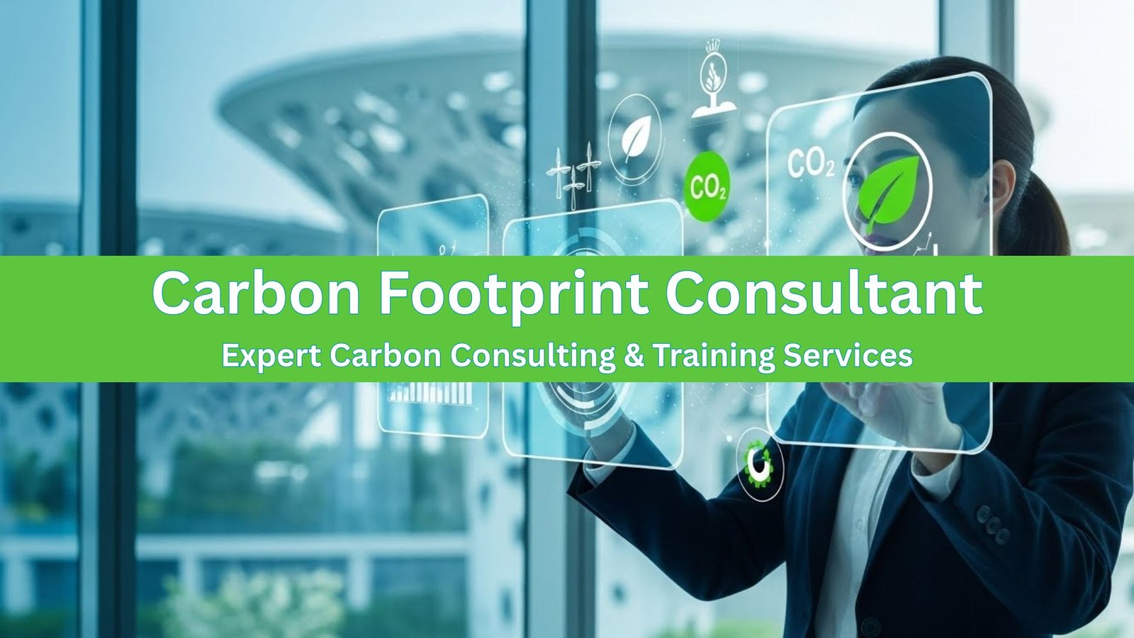 Professional carbon footprint consultant analyzing emissions data with sustainability charts and green technology icons