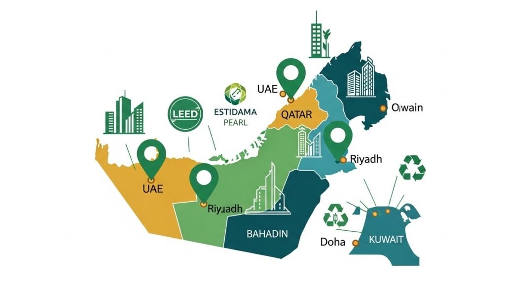GCC region map showing EPD and sustainability adoption in UAE Saudi Arabia Qatar for green building