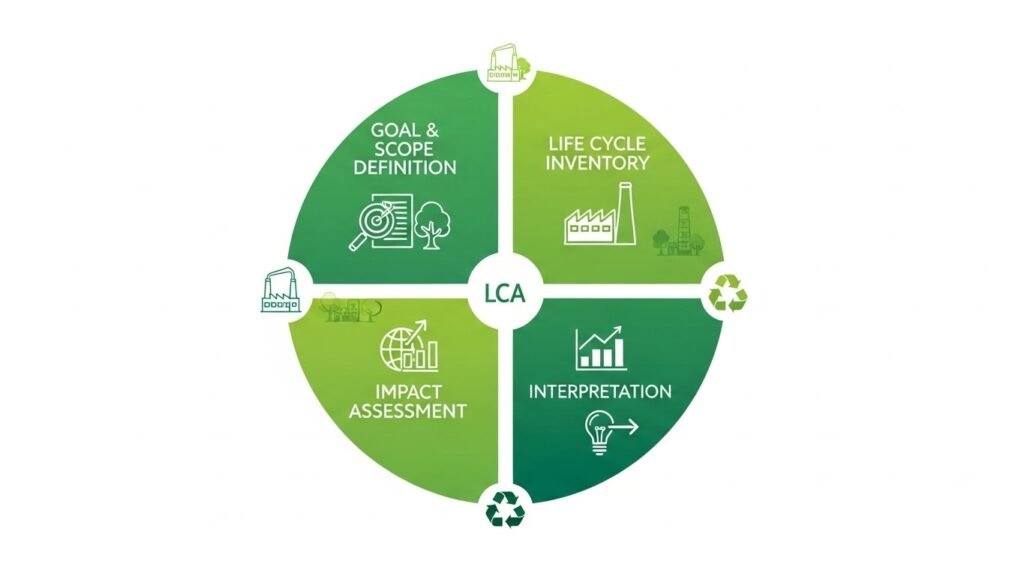 Life cycle assessment four stages infographic showing LCA methodology for environmental product analysis
