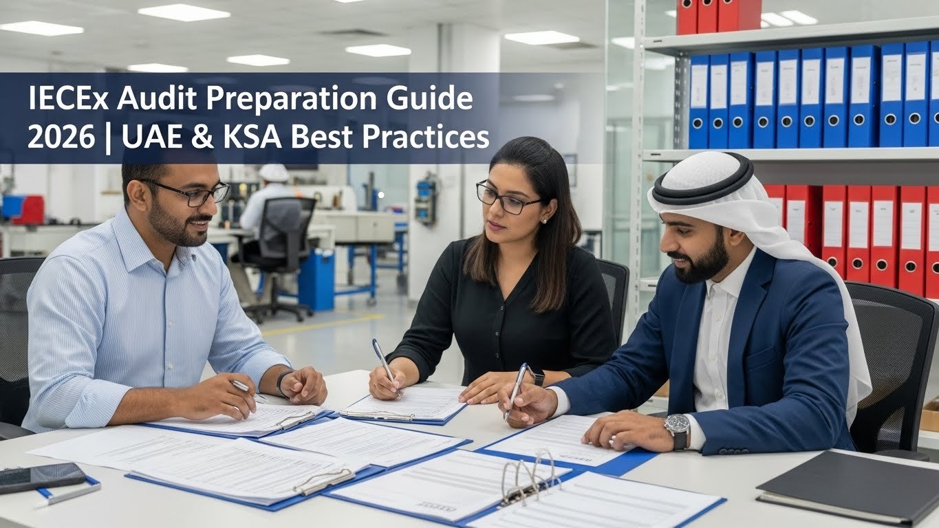 IECEx auditor reviewing certification documentation and quality records with facility manager during surveillance audit preparation
