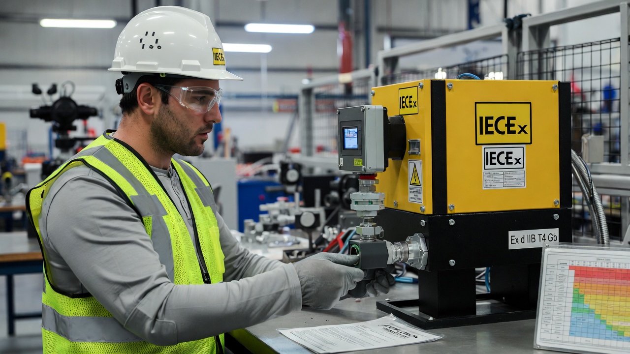 Industrial engineer reviewing IECEx certified explosion-proof equipment in manufacturing facility with safety documentation