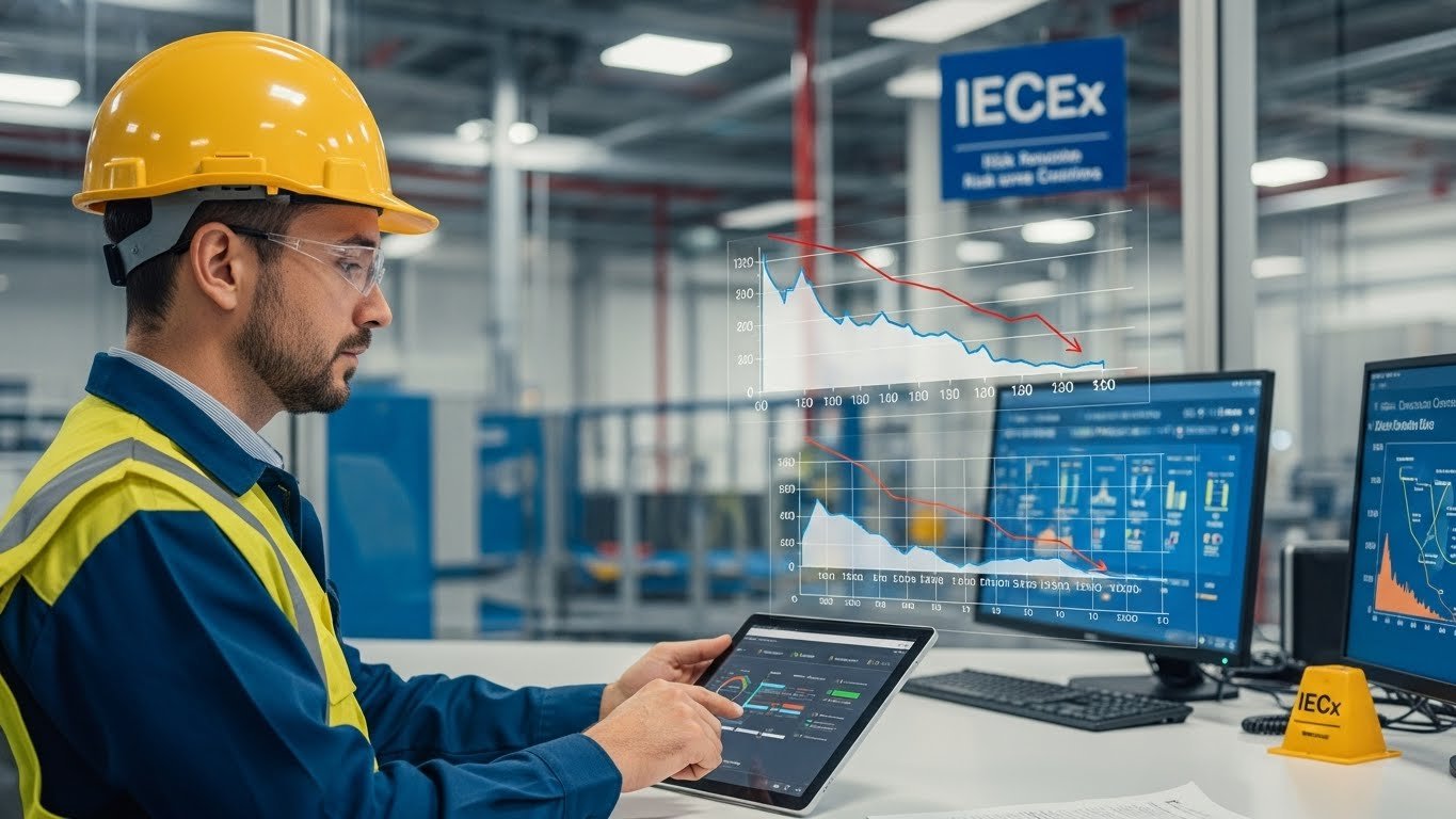 HSE manager reviewing IECEx compliance risk reduction metrics with declining incident rates at industrial facility