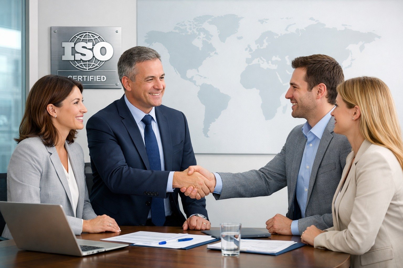 Business professionals shaking hands with ISO certification documents symbolizing trust and client acquisition