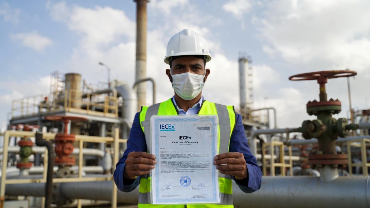 Professional holding IECEx certification certificate at industrial facility