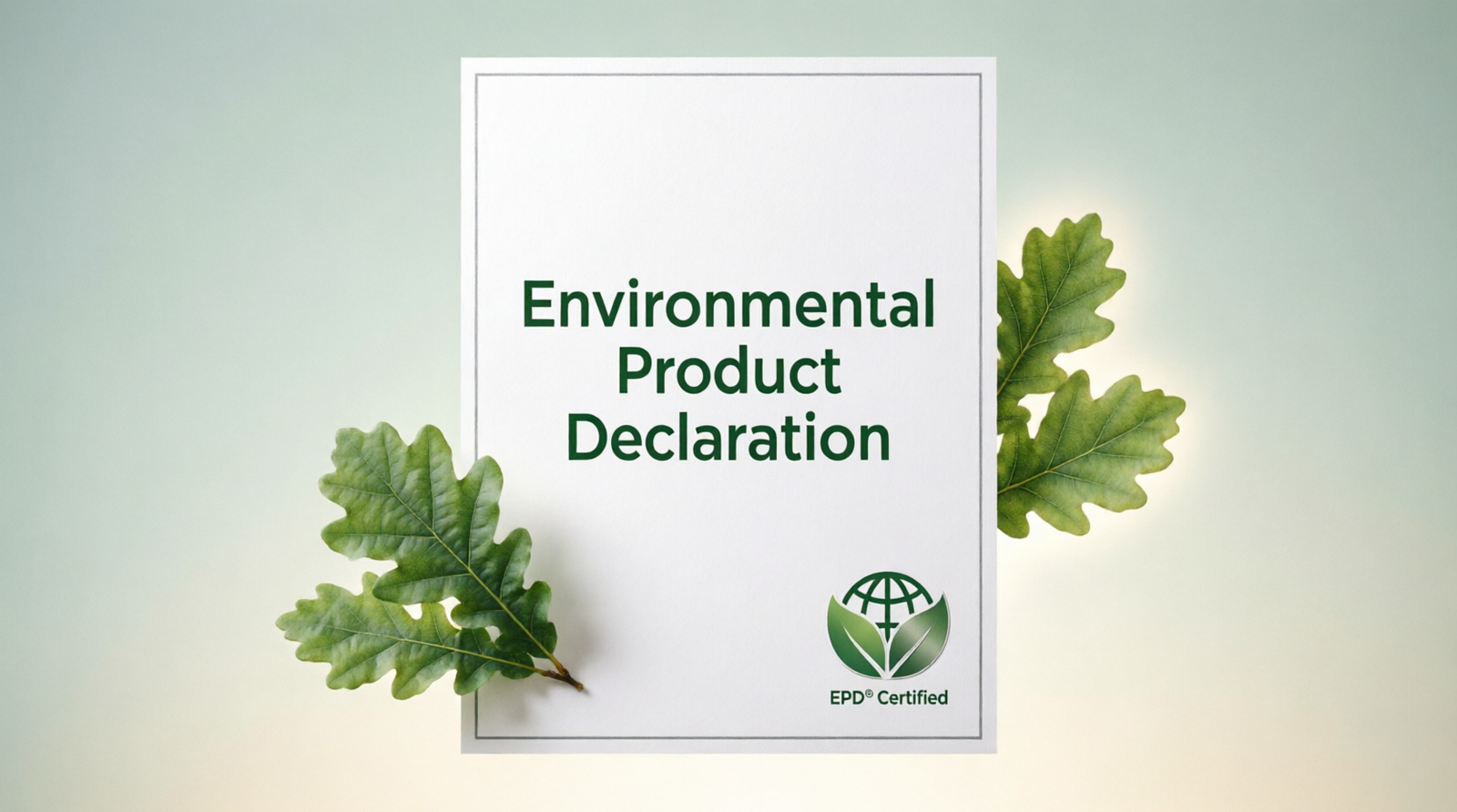Environmental Product Declaration (EPD) certified document with green oak leaves and sustainability