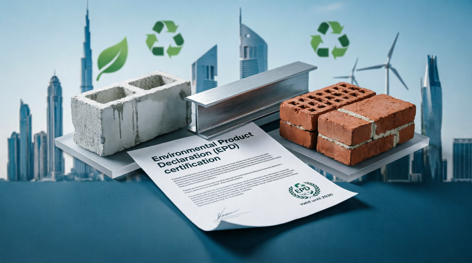 Environmental Product Declaration EPD certification document with construction materials including concrete blocks steel beams and bricks against UAE Dubai skyline background with sustainability and recycling symbols