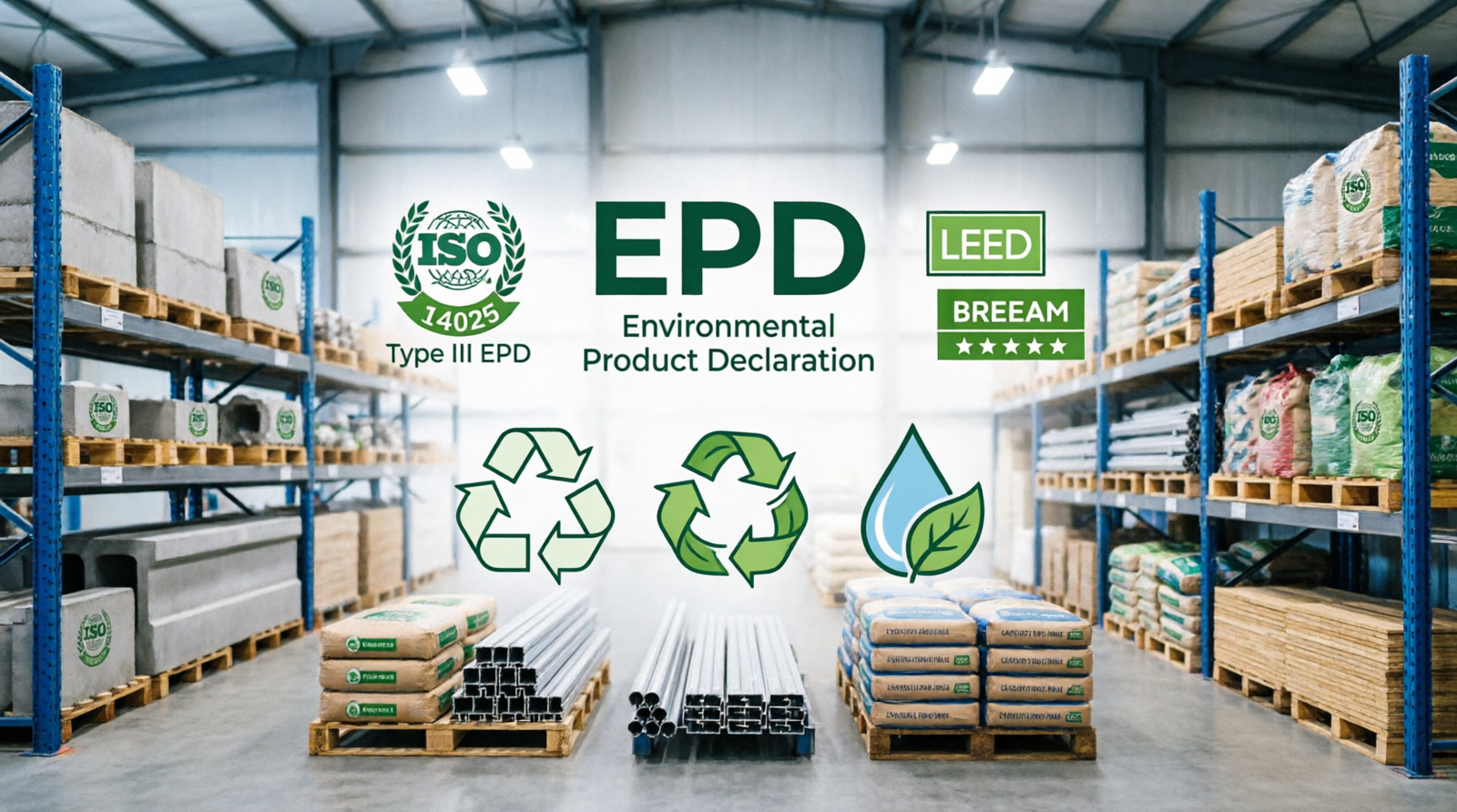 EPD Environmental Product Declaration for green building standards showing supplier warehouse with sustainable construction materials ISO 14025 LEED BREEAM certifications