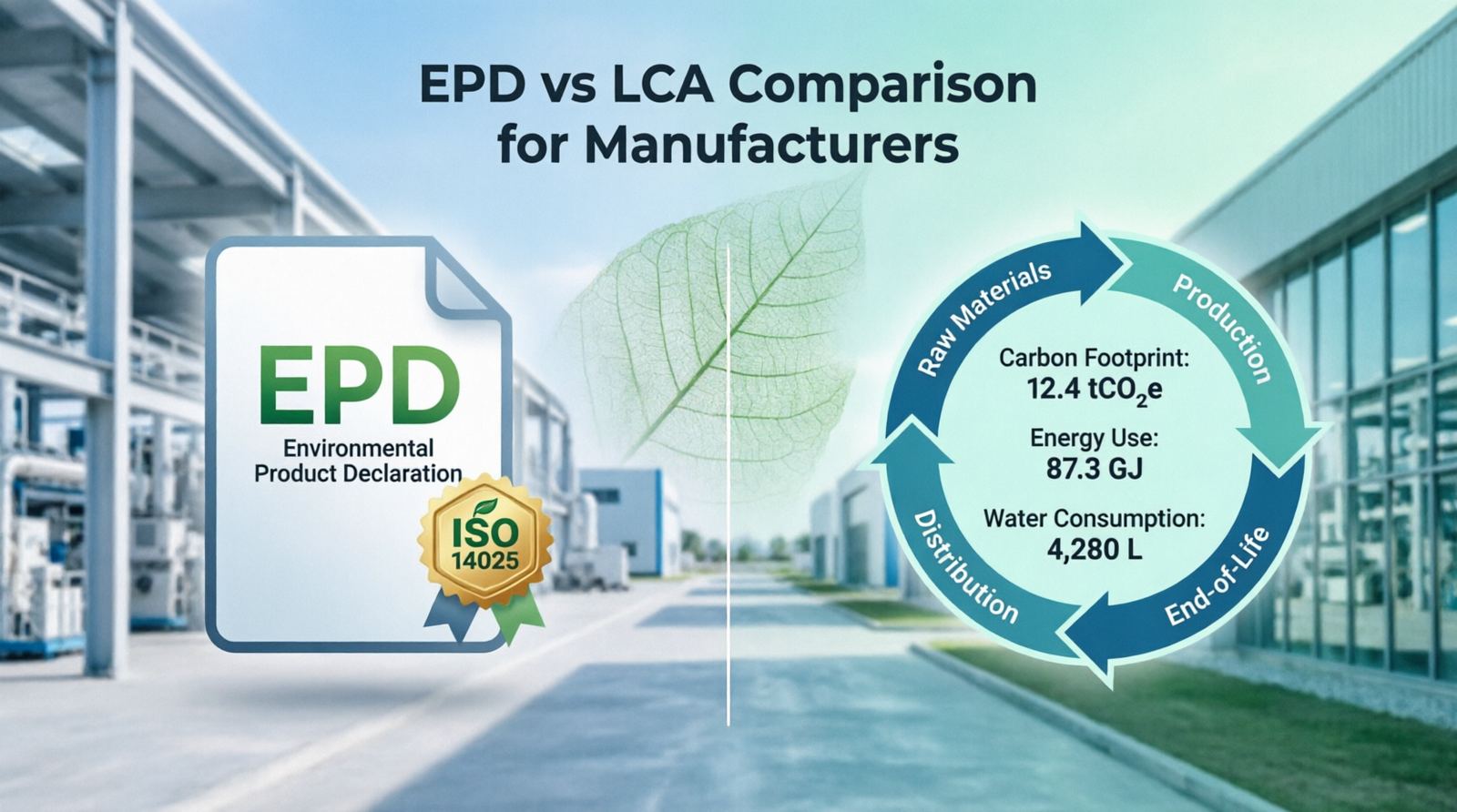 EPD vs LCA comparison diagram showing Environmental Product Declaration and Life Cycle Assessment differences for manufacturing industry sustainability
