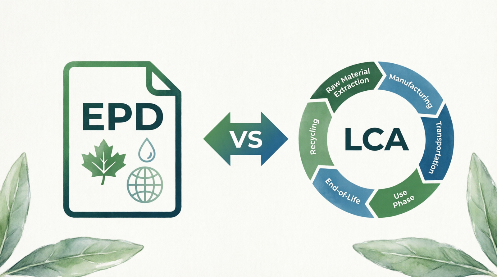 EPD vs LCA comparison showing Environmental Product Declaration document versus Life Cycle Assessment circular diagram with sustainability elements