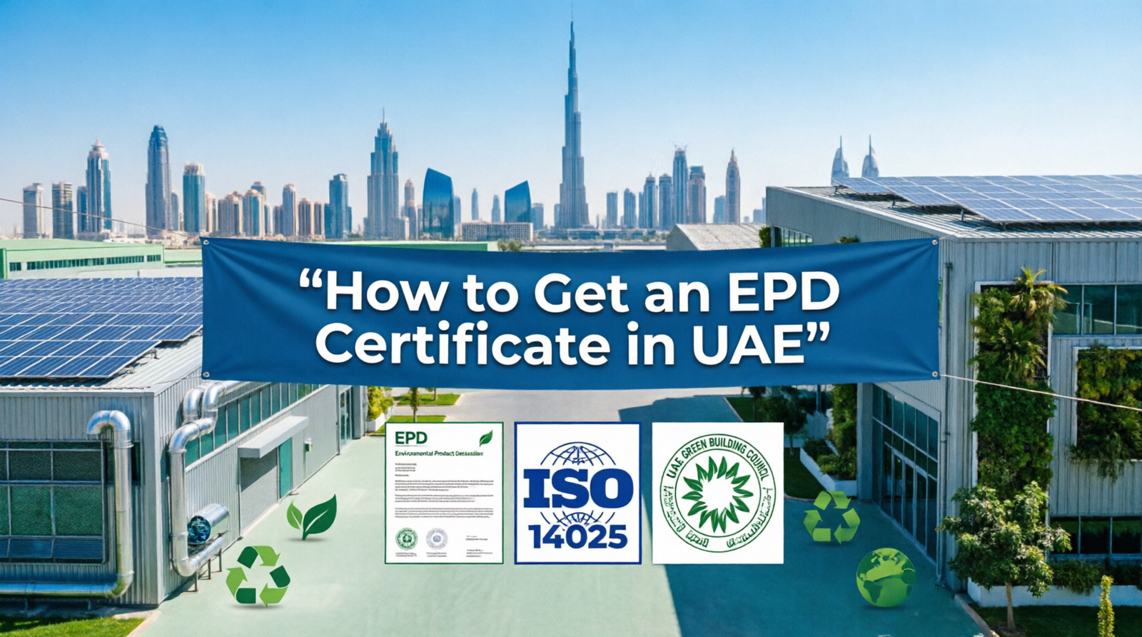 How to get EPD certificate in UAE for manufacturers showing Dubai skyline with ISO 14025 certification and UAE Green Building Council environmental product declaration
