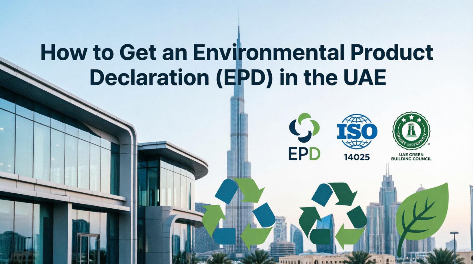 How to get Environmental Product Declaration EPD in UAE with Dubai skyline, ISO 14025 certification and UAE Green Building Council logos for sustainable manufacturing