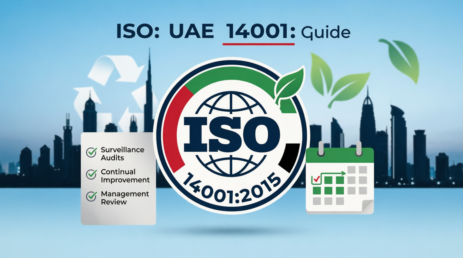 Maintain ISO 14001 certification UAE businesses guide showing surveillance audits, continual improvement, management review, Dubai skyline, and ISO 14001:2015 environmental management system compliance