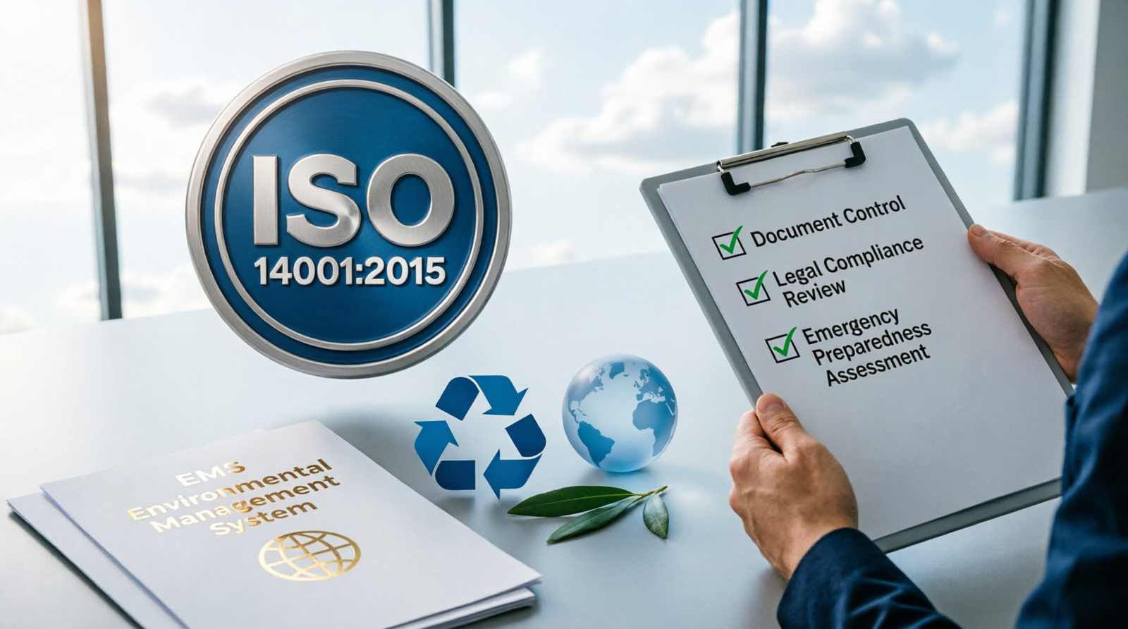 ISO 14001 audit checklist showing what auditors check - document control, legal compliance review, emergency preparedness assessment, EMS environmental management system documentation, and ISO 14001:2015 certification