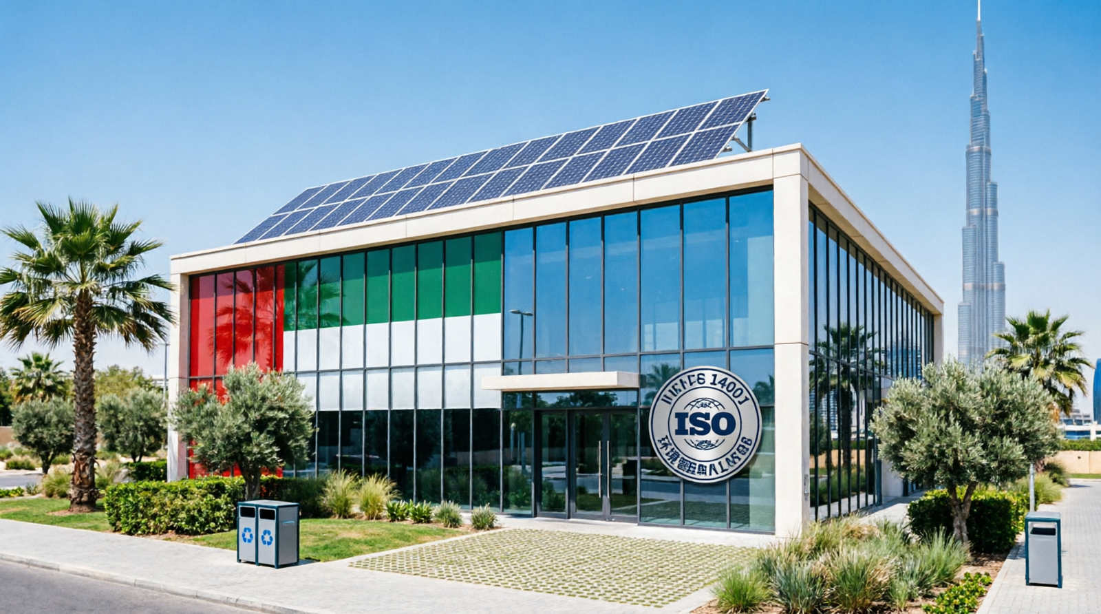 ISO 14001 Certification in UAE showing environmental management system with Dubai skyline, solar panels, recycling, and sustainable green building practices