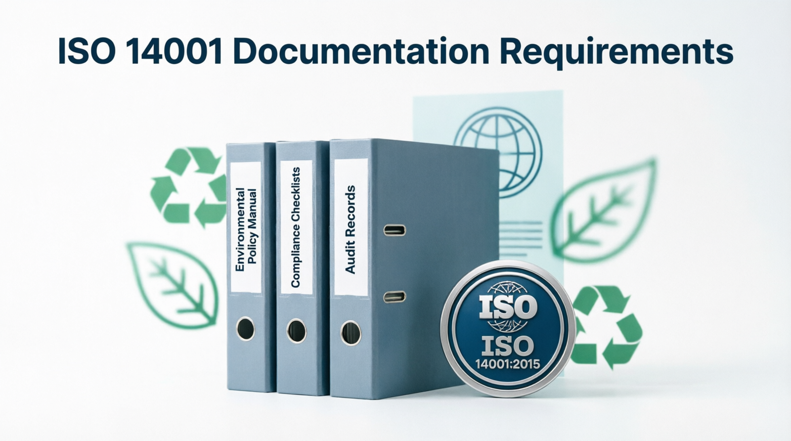ISO 14001 documentation requirements showing environmental policy manual, compliance checklists, audit records, EMS documentation folders, and ISO 14001:2015 certification badge