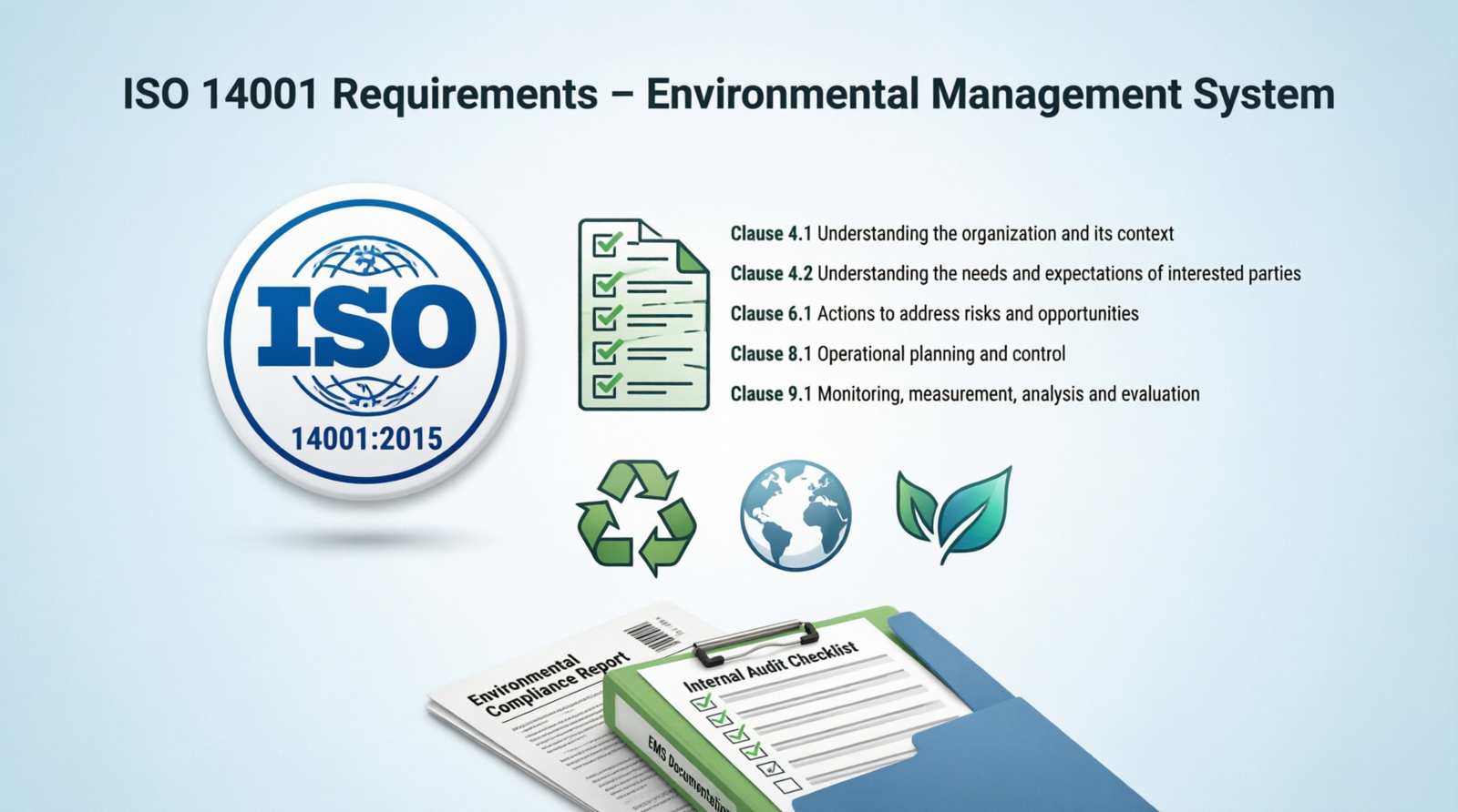 ISO 14001 requirements for environmental management system showing certification checklist, compliance clauses, audit documentation, and EMS implementation guidelines