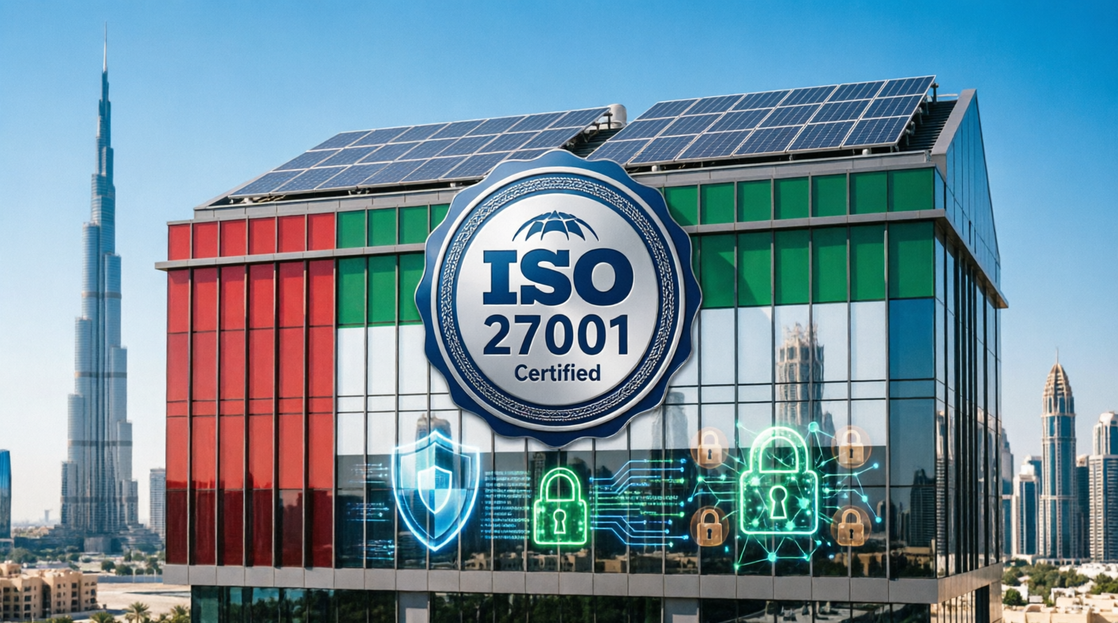 ISO 27001 Certification in UAE showing information security management with Dubai skyline, cybersecurity symbols, and data protection standards