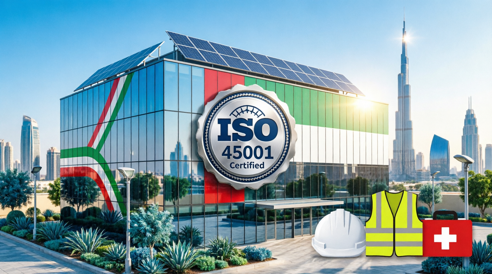 ISO 45001 Certification in UAE showing occupational health and safety management with Dubai skyline, safety equipment, and UAE flag on modern sustainable building