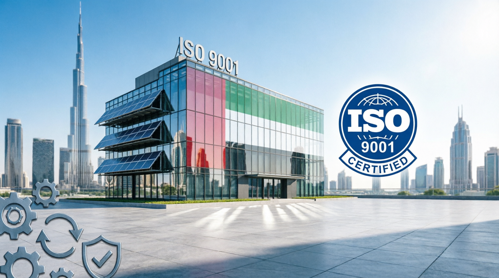 ISO 9001 Certification in Dubai showing quality management system with Burj Khalifa skyline and UAE business standards for companies