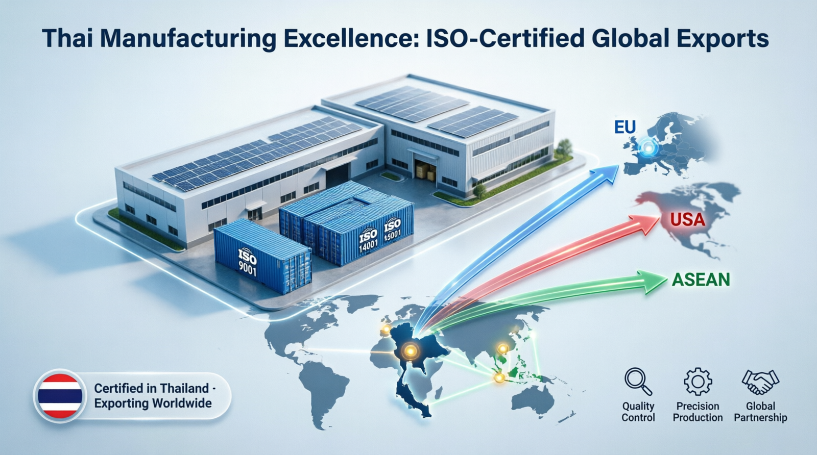 Thai manufacturing facility with ISO 9001, 14001, 45001 certified containers exporting to EU, USA, and ASEAN markets
