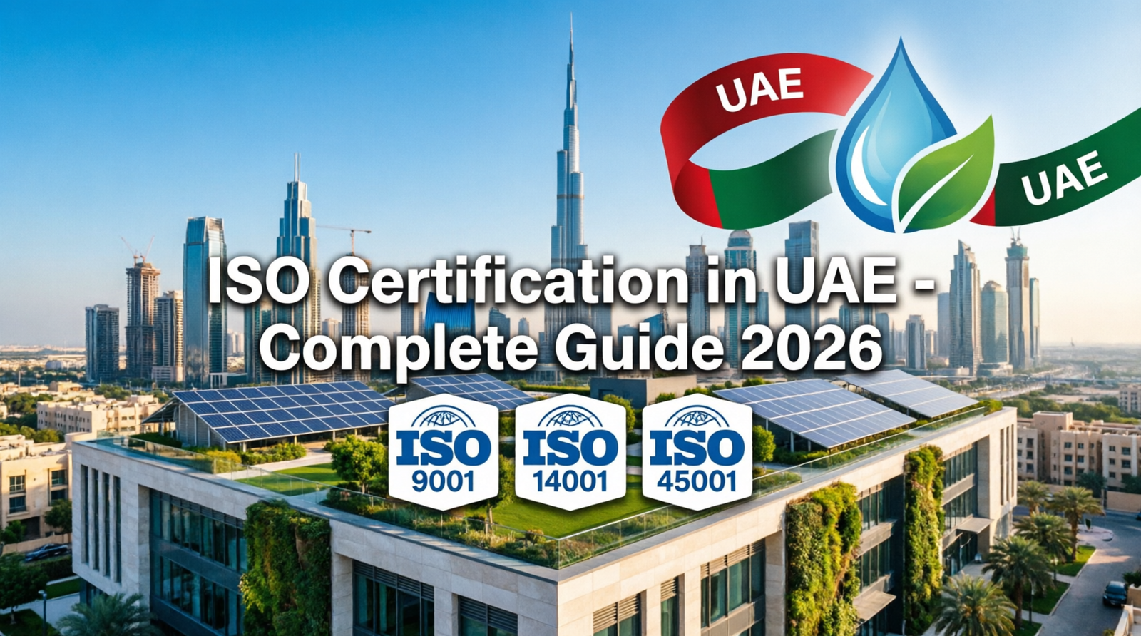 ISO Certification in UAE complete guide 2026 for businesses showing Dubai skyline with ISO 9001 14001 45001 standards and sustainable office building