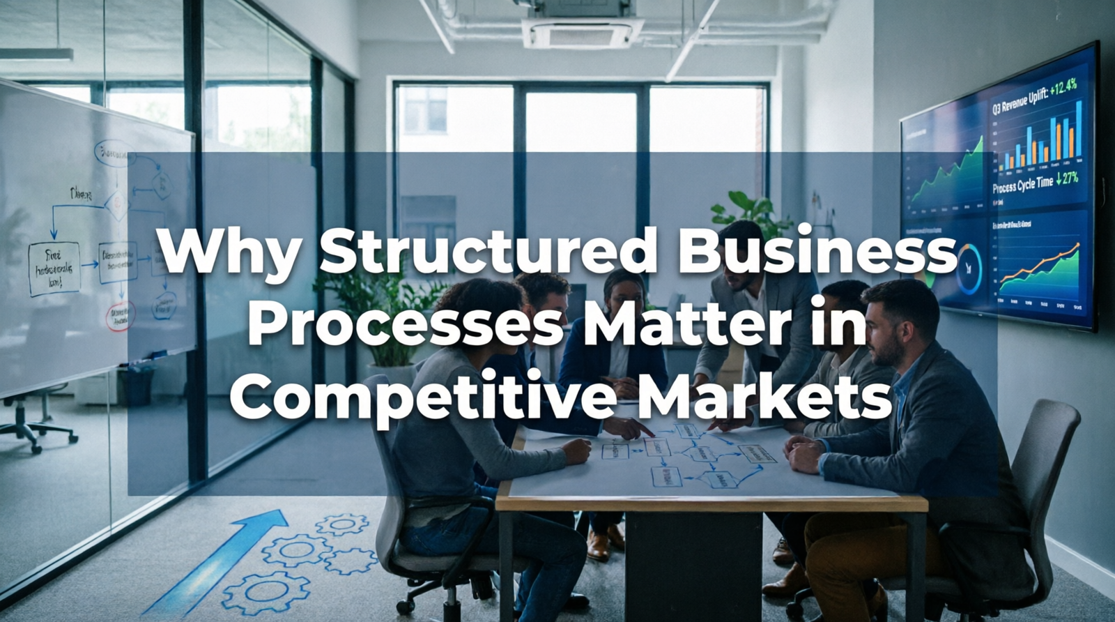 Professional business team collaborating around process flowcharts and analytics dashboards in modern office with title overlay: Why Structured Business Processes Matter in Competitive Markets