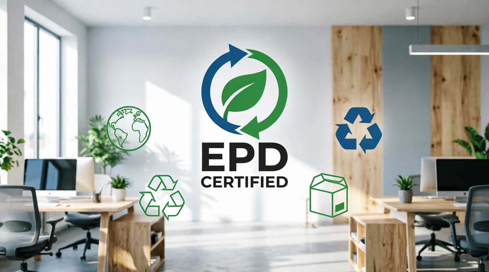 What is Environmental Product Declaration EPD explained for businesses showing certified sustainable products and green building standards in modern office