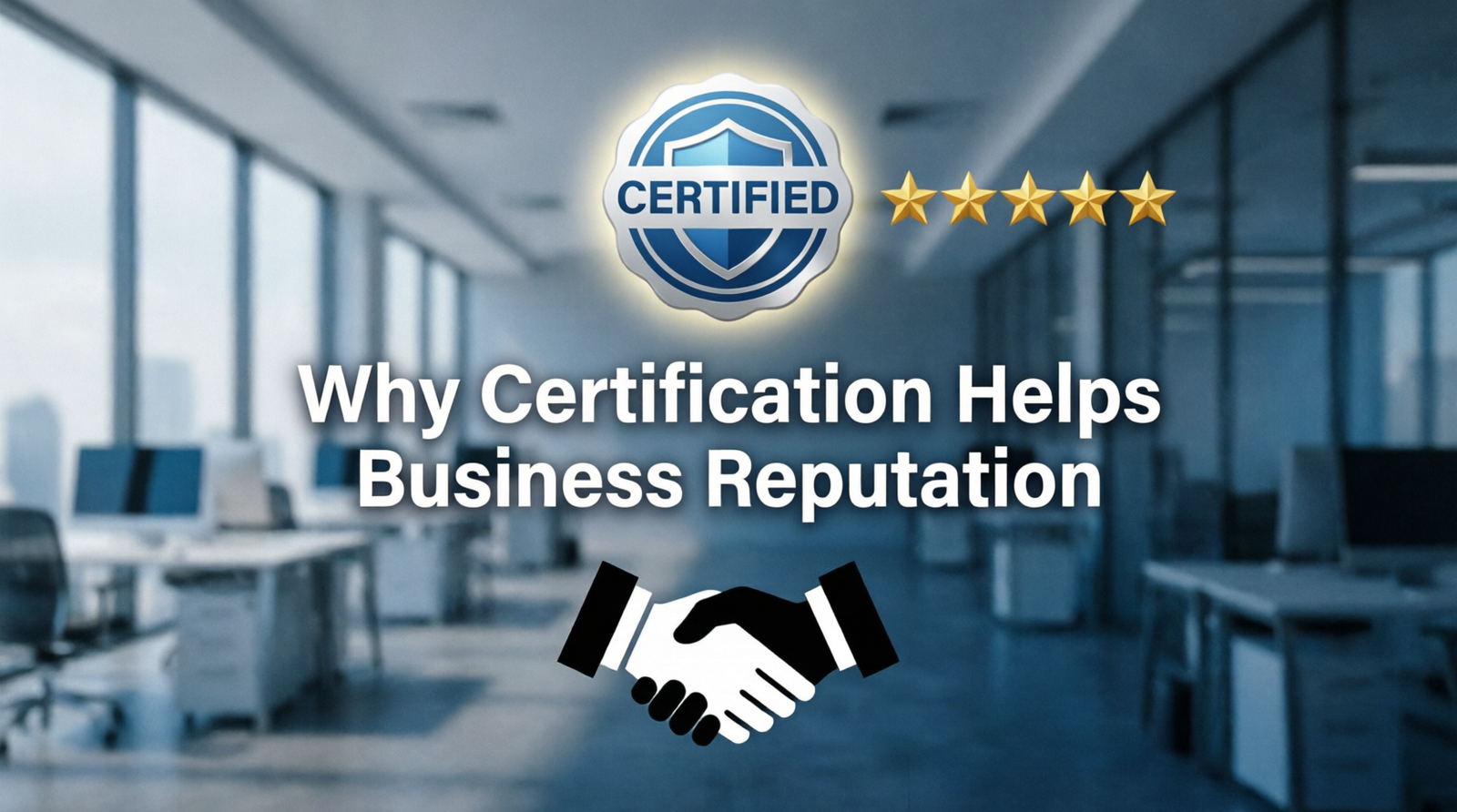 Professional business setting with handshake and glowing certification badge, featuring centered title: Why Certification Helps Business Reputation, with five-star rating and trust elements representing enhanced credibility and brand value through ISO certification