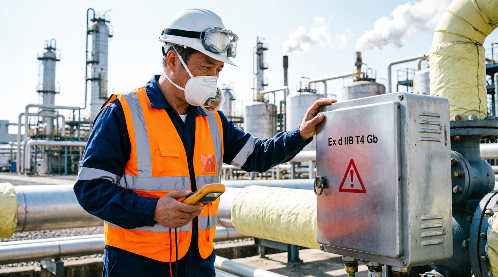 Engineer inspecting Ex-rated equipment during IECEx Certification hazardous area assessment
