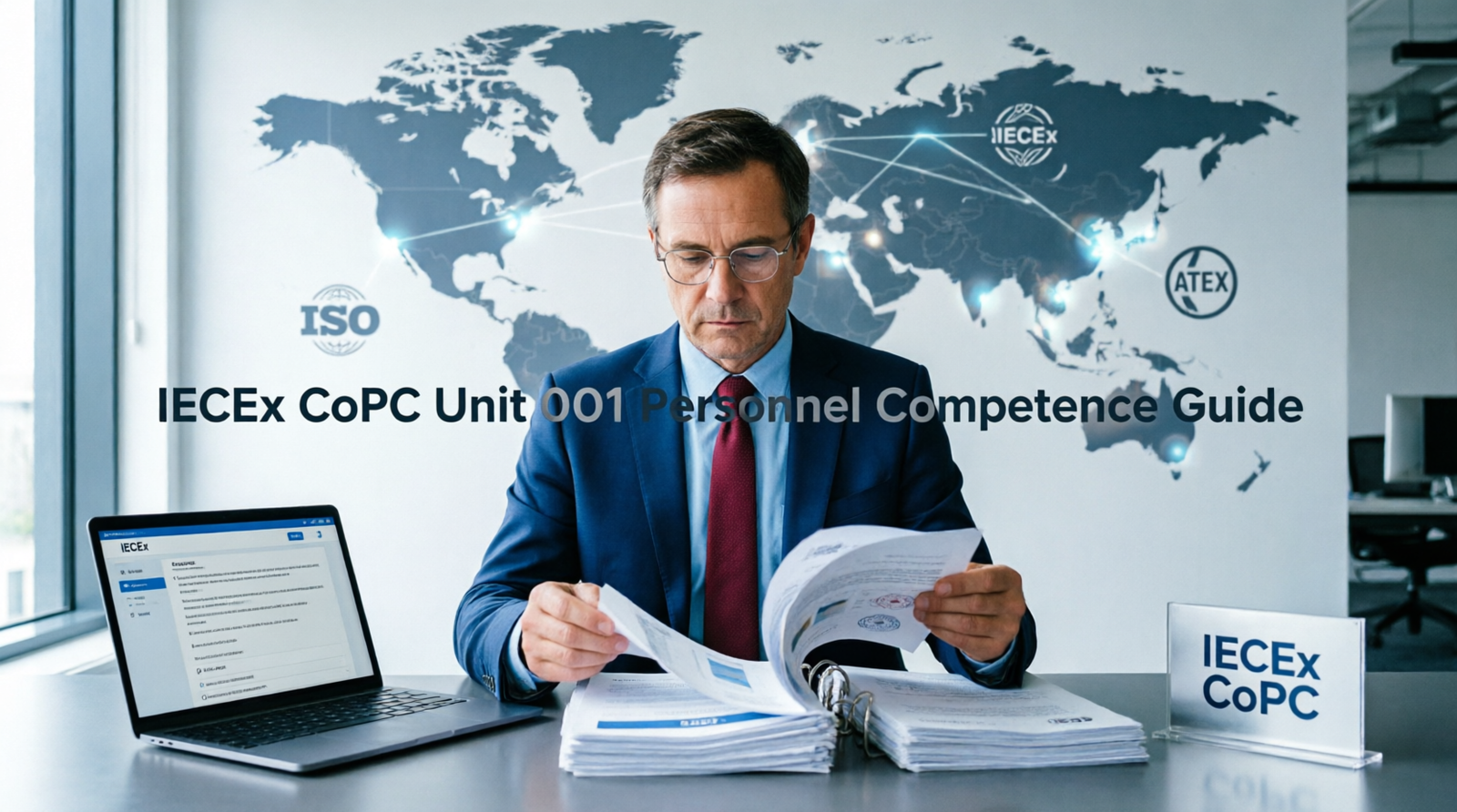 Engineer reviewing IECEx CoPC personnel competence certification guide and requirements
