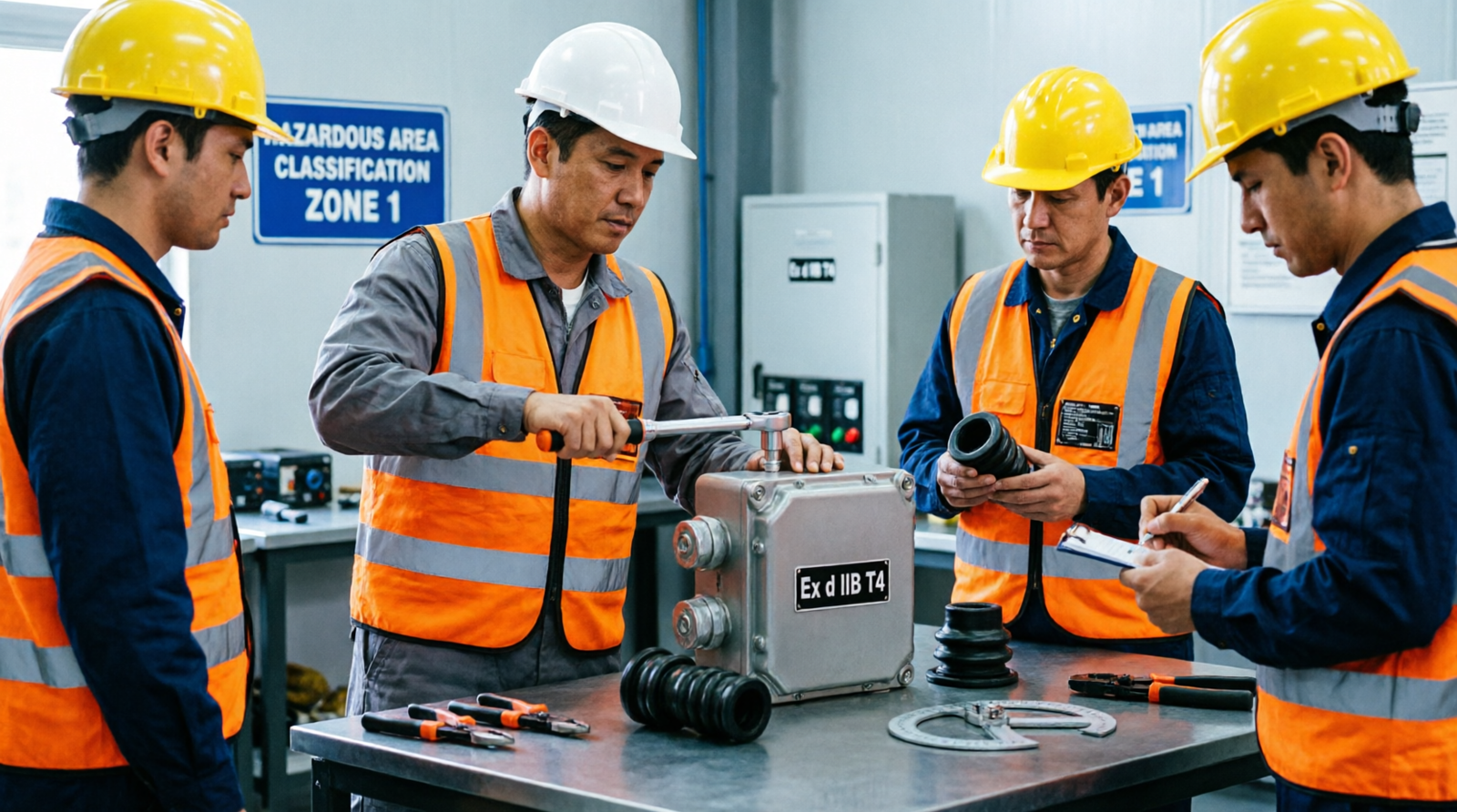 Instructor leading hands-on IECEx Training workshop on Ex-rated equipment installation